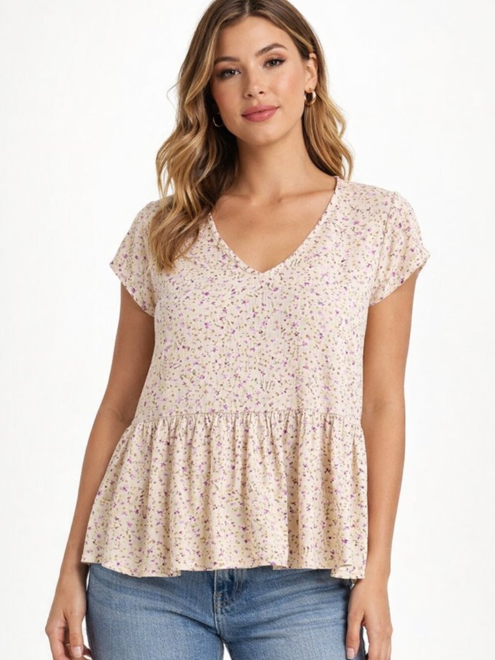 Sim & Sam Floral Ruffle Peplum Top Small | Short Sleeve V‑Neck Rayon Blouse